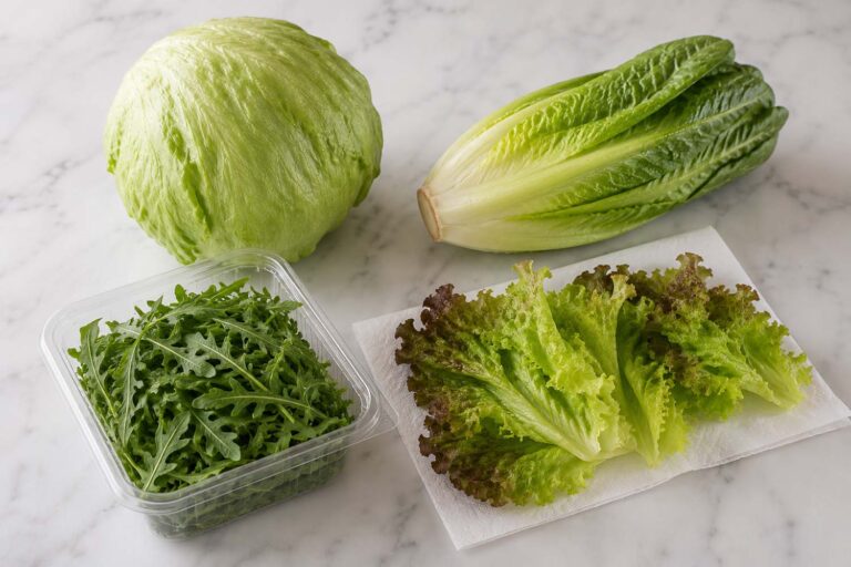 Four types of lettuce on a clean marble surface: a whole head of iceberg, a romaine heart, loose leaf lettuce separated into leaves on a paper towel, and a sealed container of washed and dried arugula