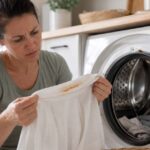 Woman inspecting a white shirt with a rust stain on the collar beside an open front-loading washing machine, suggesting rust inside the drum caused the fresh laundry stain.