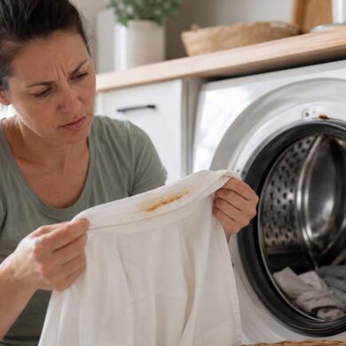 Woman inspecting a white shirt with a rust stain on the collar beside an open front-loading washing machine, suggesting rust inside the drum caused the fresh laundry stain.