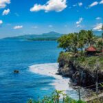 Stunning coastal view of Bali with a cliffside villa and lush palm trees under a clear blue sky