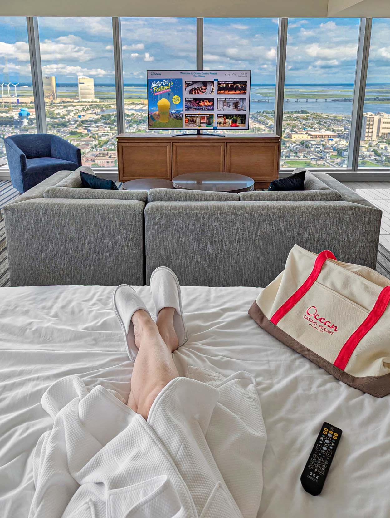 Ocean Casino Resort studio suite with panoramic views of Atlantic City, the inlet, and Steel Pier from floor-to-ceiling windows