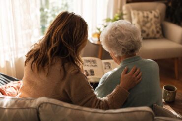 Adult daughter and elderly mother looking at photo album together, illustrating what to know before choosing memory care