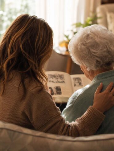 Adult daughter and elderly mother looking at photo album together, illustrating what to know before choosing memory care