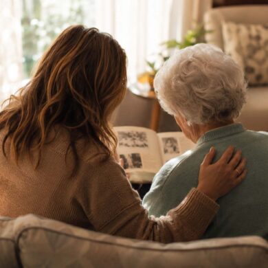 Adult daughter and elderly mother looking at photo album together, illustrating what to know before choosing memory care