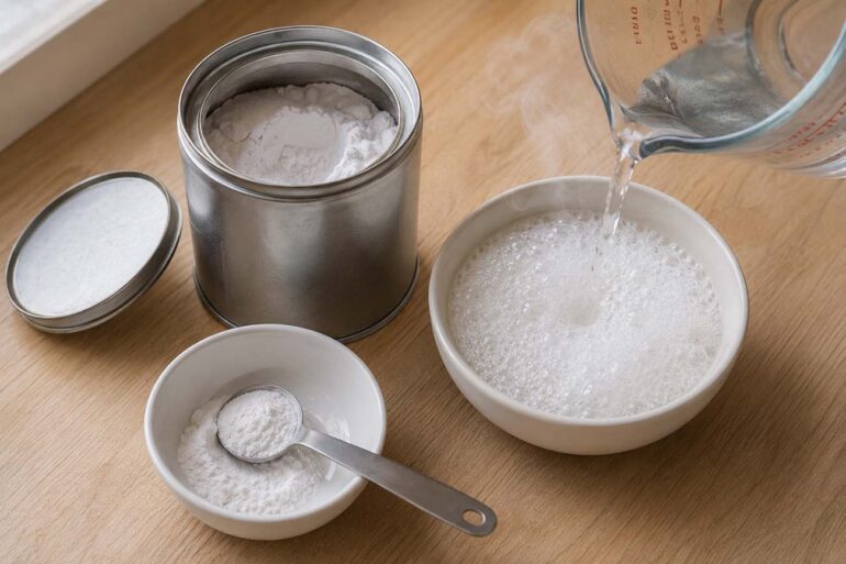an open metal baking powder tin with its lid beside it, a small white ceramic bowl with a half teaspoon of white powder, and a glass measuring cup of steaming hot water mid-pour creating vigorous white bubbles on contact.