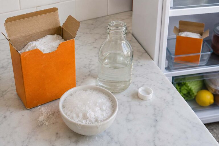 Flat lay of an open orange baking soda box beside a small white bowl of bubbling baking soda and vinegar on a white marble countertop, with a glass bottle of white vinegar and an open refrigerator showing a second baking soda box used as a deodorizer in the background.