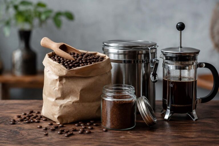 Center frame on a dark walnut surface: an open kraft paper bag of whole roasted coffee beans with a wooden scoop resting across the top, a small clear glass jar of ground coffee with the lid off, a sealed stainless steel airtight canister, and a French press with dark brewed coffee inside. Scattered loosely around: a few individual whole beans