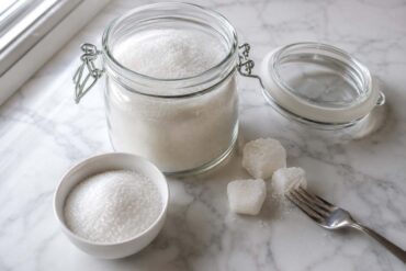 a glass airtight canister filled with white granulated sugar, lid beside it, a small white ceramic bowl with a scoop of loose sugar, and two or three visible sugar lumps next to a fork used to break them up