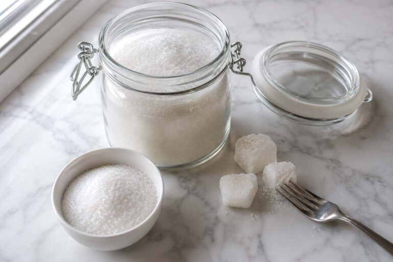 a glass airtight canister filled with white granulated sugar, lid beside it, a small white ceramic bowl with a scoop of loose sugar, and two or three visible sugar lumps next to a fork used to break them up