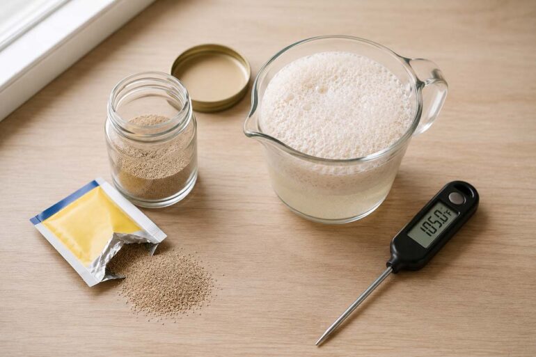 yeast packet beside a small glass jar of loose dry yeast granules, a liquid measuring cup with warm water showing a thick foam rising from a successful proofing test, and a digital kitchen thermometer resting nearby showing around 105°F