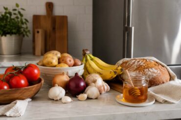 A kitchen counter with tomatoes, potatoes, onions, garlic, bananas, bread, and honey arranged outside a refrigerator