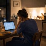 A young physician in scrubs sitting at a small kitchen table late at night, laptop open, a simple meal beside them, soft warm lamp light, modest apartment setting, tired but focused