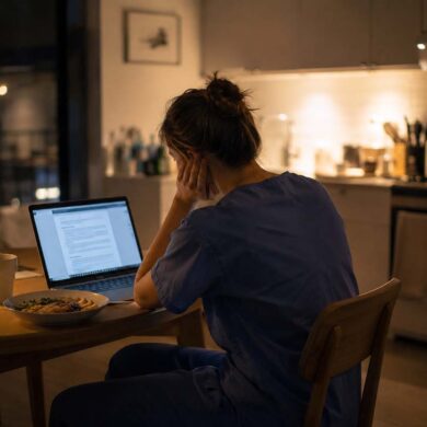 A young physician in scrubs sitting at a small kitchen table late at night, laptop open, a simple meal beside them, soft warm lamp light, modest apartment setting, tired but focused