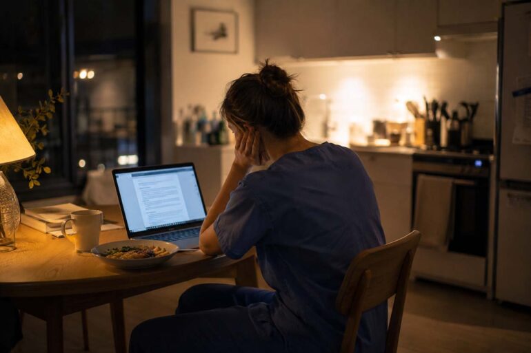 A young physician in scrubs sitting at a small kitchen table late at night, laptop open, a simple meal beside them, soft warm lamp light, modest apartment setting, tired but focused