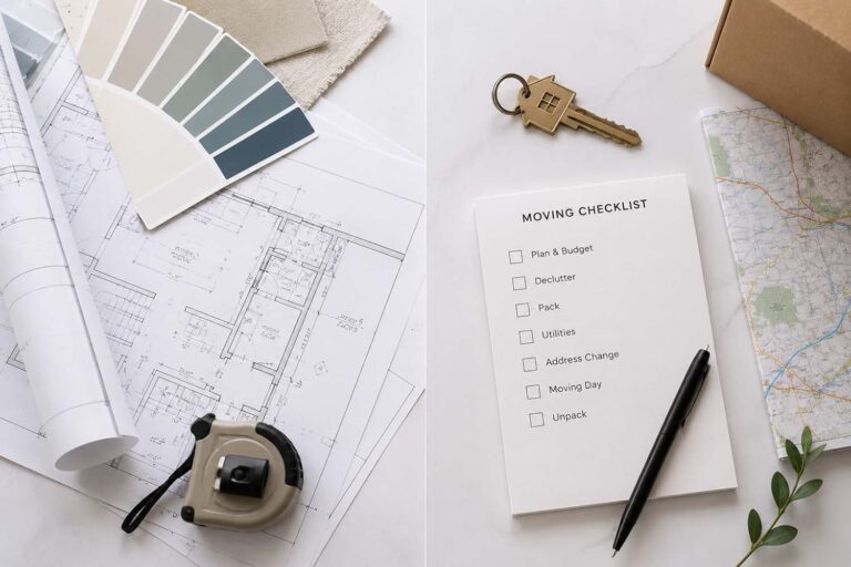 Split scene flat lay left side showing architectural renovation blueprints, paint swatches, and a small tape measure, right side showing a house key, a folded map, and a moving checklist
