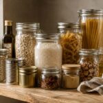 Warmly lit pantry shelf with glass jars of rice, pasta, oats, beans, spices, walnuts, canned goods, olive oil, and garlic neatly arranged on a rustic wooden shelf, illustrating common pantry staples often safe to use beyond their best-by dates when stored properly.