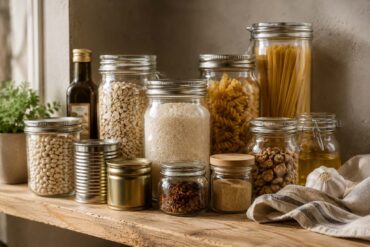 Warmly lit pantry shelf with glass jars of rice, pasta, oats, beans, spices, walnuts, canned goods, olive oil, and garlic neatly arranged on a rustic wooden shelf, illustrating common pantry staples often safe to use beyond their best-by dates when stored properly.