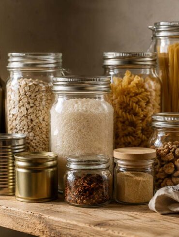 Warmly lit pantry shelf with glass jars of rice, pasta, oats, beans, spices, walnuts, canned goods, olive oil, and garlic neatly arranged on a rustic wooden shelf, illustrating common pantry staples often safe to use beyond their best-by dates when stored properly.