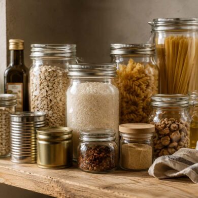 Warmly lit pantry shelf with glass jars of rice, pasta, oats, beans, spices, walnuts, canned goods, olive oil, and garlic neatly arranged on a rustic wooden shelf, illustrating common pantry staples often safe to use beyond their best-by dates when stored properly.