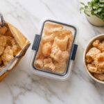 an open bag of commercial pork rinds next to an airtight storage container, alongside a small bowl of fresh chicharrones