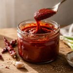 A spoon lifts a thick ribbon of glossy red gochujang from a glass jar on a wooden countertop, with dried chilies, garlic, sesame seeds, and green onions nearby.