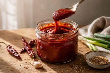 A spoon lifts a thick ribbon of glossy red gochujang from a glass jar on a wooden countertop, with dried chilies, garlic, sesame seeds, and green onions nearby.