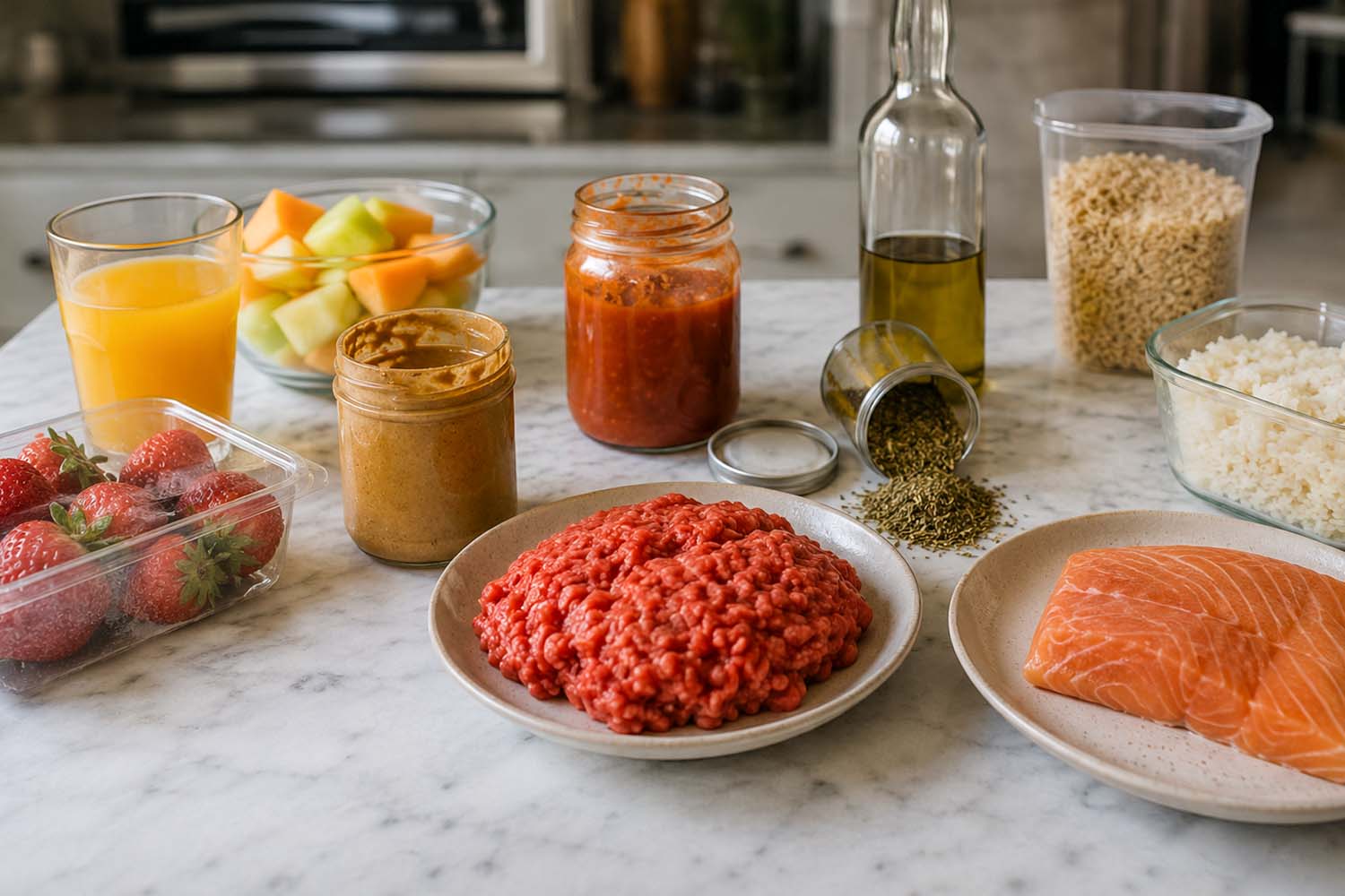 countertop surrounded by fresh salmon, raw ground beef, cooked rice, strawberries, nut butter, and a glass of fresh orange juice, illustrating foods that spoil faster than many people expect.