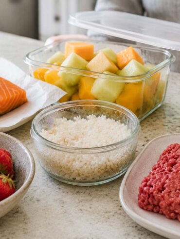 Person lifting the lid from a glass container of cut melon on a bright kitchen countertop surrounded by fresh salmon, raw ground beef, cooked rice, strawberries, and a glass of fresh orange juice, illustrating foods that spoil faster than many people expect