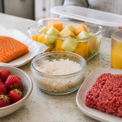 Person lifting the lid from a glass container of cut melon on a bright kitchen countertop surrounded by fresh salmon, raw ground beef, cooked rice, strawberries, and a glass of fresh orange juice, illustrating foods that spoil faster than many people expect