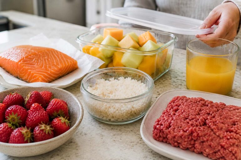 Person lifting the lid from a glass container of cut melon on a bright kitchen countertop surrounded by fresh salmon, raw ground beef, cooked rice, strawberries, and a glass of fresh orange juice, illustrating foods that spoil faster than many people expect