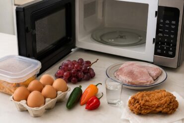 a selection of foods you should never put in the microwave - Eggs in the shell, grapes, hot peppers, high-proof alcohol, non-microwave-safe plastics, frozen meat you are not cooking immediately, stuffed poultry, and fried foods