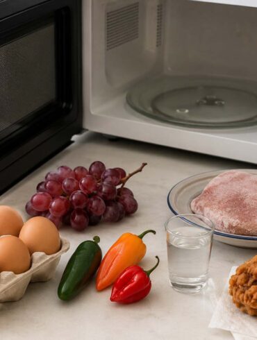 a selection of foods you should never put in the microwave - Eggs in the shell, grapes, hot peppers, high-proof alcohol, non-microwave-safe plastics, frozen meat you are not cooking immediately, stuffed poultry, and fried foods
