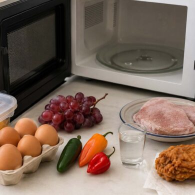 a selection of foods you should never put in the microwave - Eggs in the shell, grapes, hot peppers, high-proof alcohol, non-microwave-safe plastics, frozen meat you are not cooking immediately, stuffed poultry, and fried foods