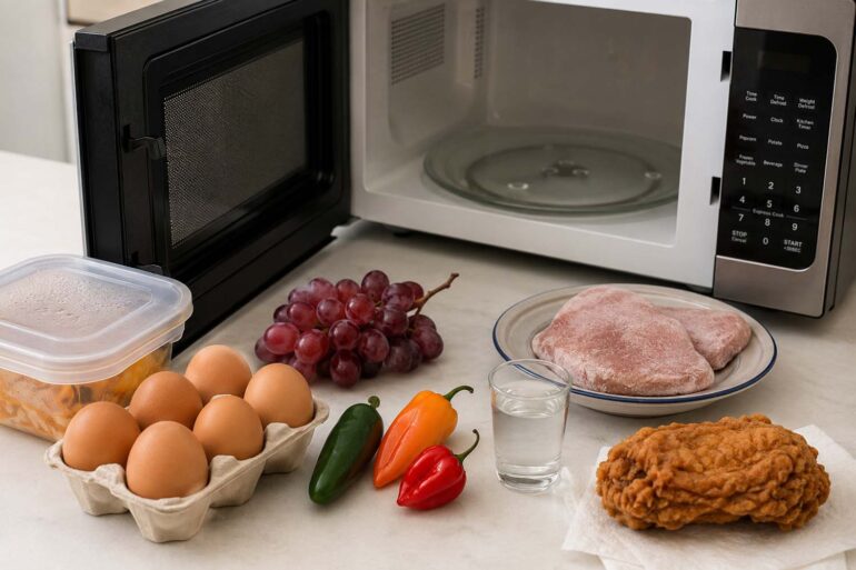 a selection of foods you should never put in the microwave - Eggs in the shell, grapes, hot peppers, high-proof alcohol, non-microwave-safe plastics, frozen meat you are not cooking immediately, stuffed poultry, and fried foods