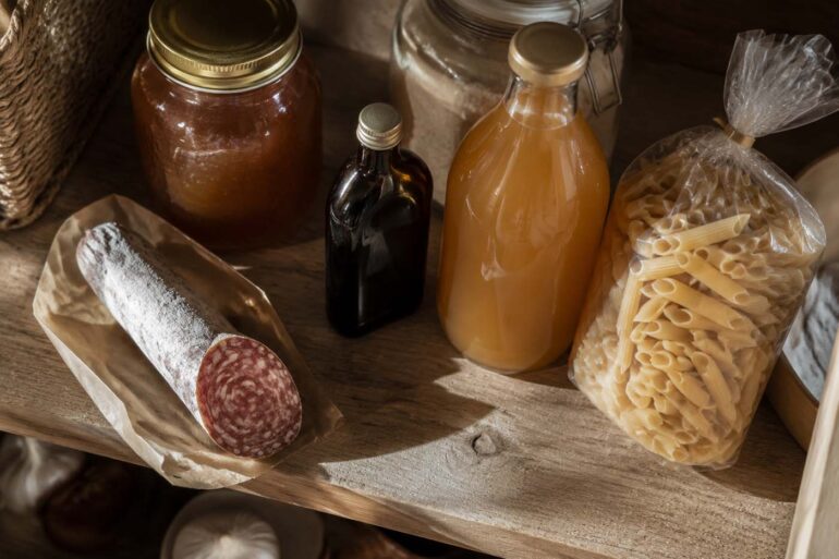 a rustic wood pantry shelf holding a honey jar, a bottle of vanilla extract, a jar of apple cider vinegar, a bag of dried pasta, and a piece of dry-cured salami