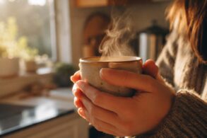 a person's hands wrapped around a warm ceramic coffee mug, steam rising gently, soft golden morning light streaming through a window in the background, cozy kitchen setting