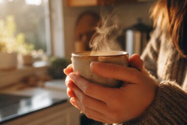a person's hands wrapped around a warm ceramic coffee mug, steam rising gently, soft golden morning light streaming through a window in the background, cozy kitchen setting