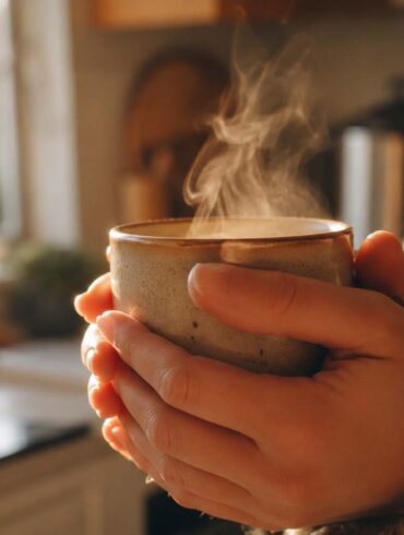 a person's hands wrapped around a warm ceramic coffee mug, steam rising gently, soft golden morning light streaming through a window in the background, cozy kitchen setting