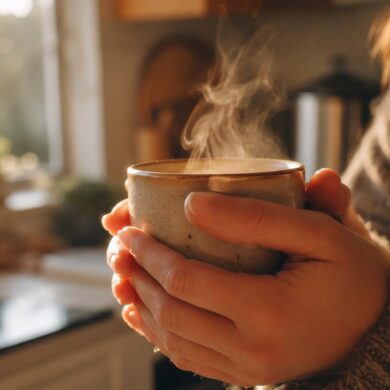 a person's hands wrapped around a warm ceramic coffee mug, steam rising gently, soft golden morning light streaming through a window in the background, cozy kitchen setting