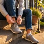 Person lacing up a walking shoe on a sunlit front step, illustrating getting back on your feet after finding the right podiatrist
