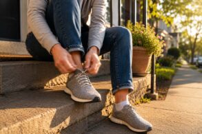Person lacing up a walking shoe on a sunlit front step, illustrating getting back on your feet after finding the right podiatrist