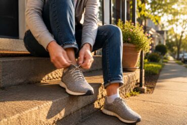 Person lacing up a walking shoe on a sunlit front step, illustrating getting back on your feet after finding the right podiatrist