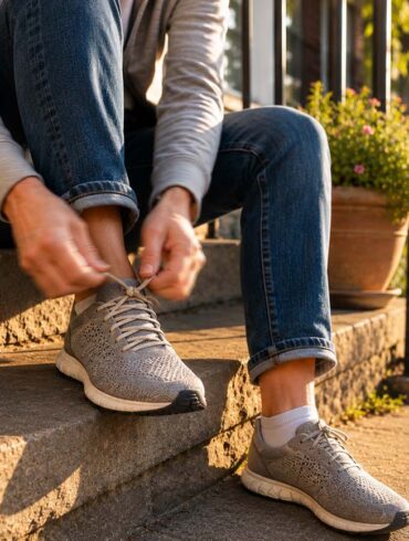 Person lacing up a walking shoe on a sunlit front step, illustrating getting back on your feet after finding the right podiatrist