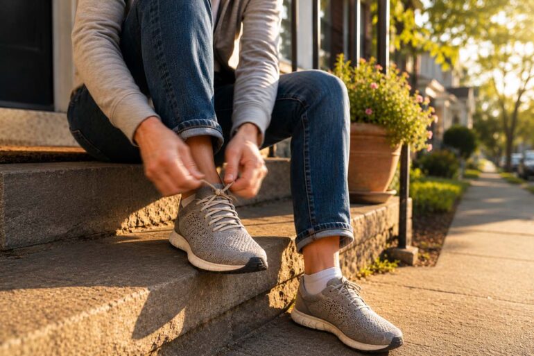 Person lacing up a walking shoe on a sunlit front step, illustrating getting back on your feet after finding the right podiatrist
