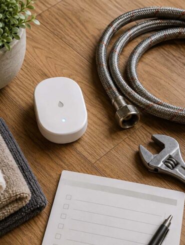 Smart water leak detector and home maintenance tools arranged on wood floor, illustrating how to prevent water damage