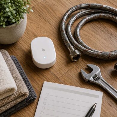 Smart water leak detector and home maintenance tools arranged on wood floor, illustrating how to prevent water damage