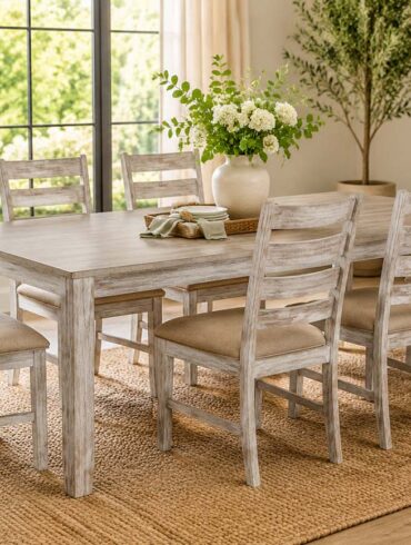 Six-piece distressed wood dining set with ladder-back chairs arranged around a rectangular dining table in a bright farmhouse-style dining room, featuring large black-framed windows, natural light, neutral decor, and a woven jute rug.