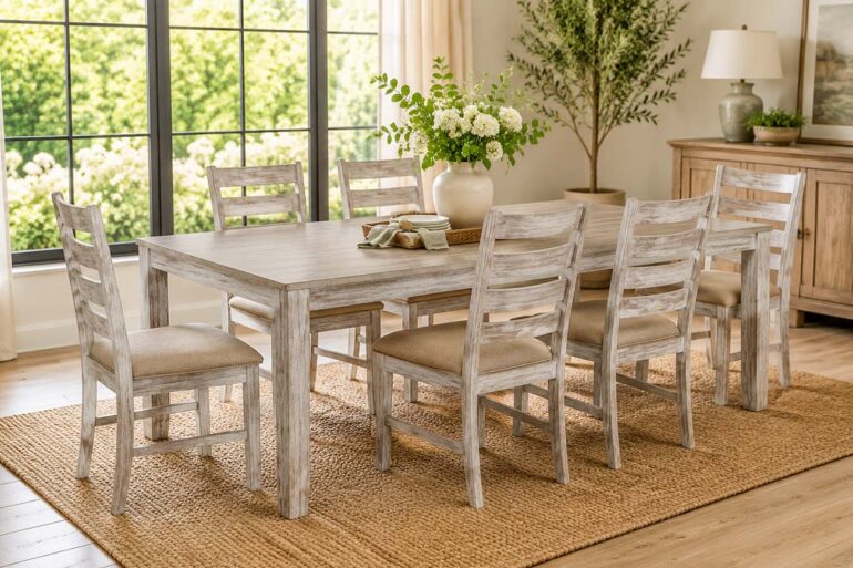 Six-piece distressed wood dining set with ladder-back chairs arranged around a rectangular dining table in a bright farmhouse-style dining room, featuring large black-framed windows, natural light, neutral decor, and a woven jute rug.