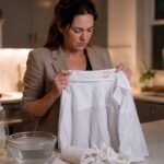 Woman in a modern kitchen examining a white dress shirt with a realistic lipstick stain on the collar, with dish soap, warm water, paper towels, and a folded towel on the countertop after attempting to remove the stain.