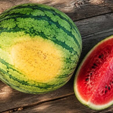 Whole watermelon with a large golden-yellow field spot beside a freshly cut wedge showing deep red flesh and black seeds on a rustic wooden picnic table in natural summer daylight.